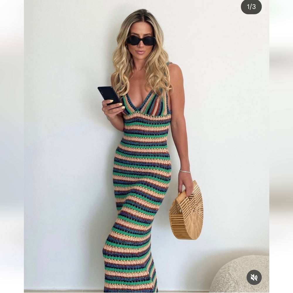 BNWT Zara Green Striped Crochet Knit Dress